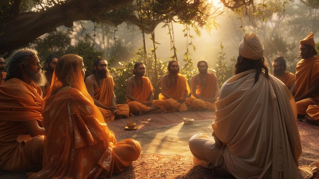 un groupe de moines assis dans un temple