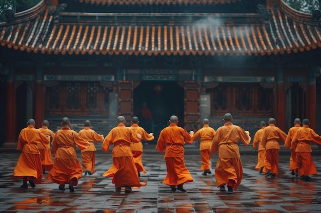 Un groupe de moines marchant devant un bâtiment.