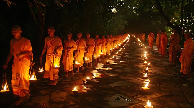 Un groupe de moines marchent pieds nus le long d'un sentier de pierre avec des lanternes brillantes à la main.