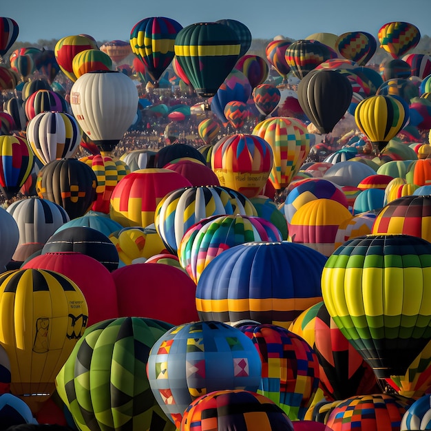 Un groupe de montgolfières est dans les airs et l'un d'eux porte le numéro 5.