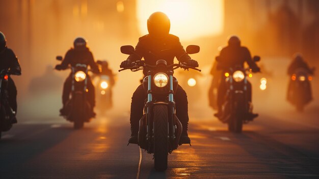 Photo un groupe de motocyclistes voyage au coucher du soleil dans la ville