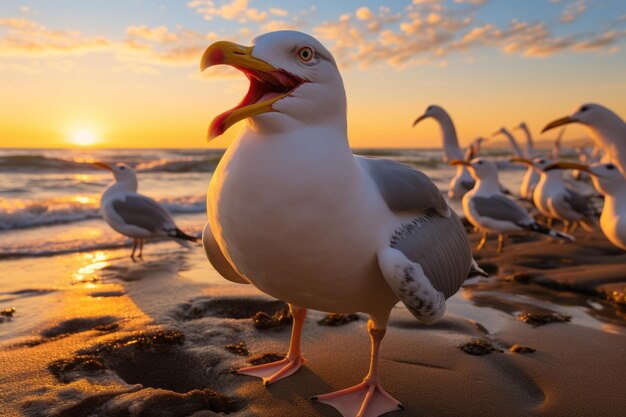 un groupe de mouettes sur une plage au coucher du soleil