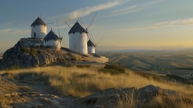 Photo un groupe de moulins à vent sont sur une colline surplombant un champ