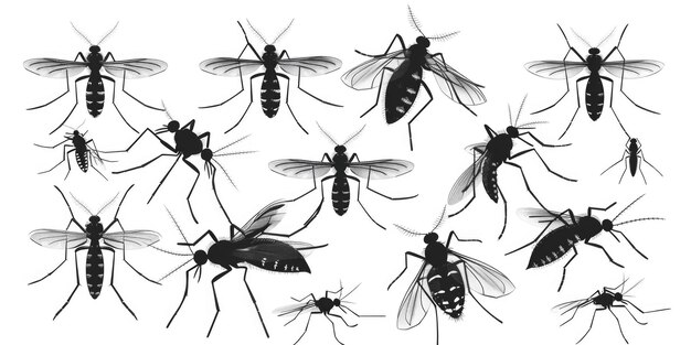 Un groupe de moustiques représentés en noir et blanc Convient pour le matériel éducatif