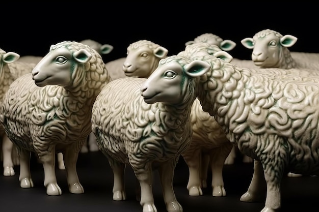 Un groupe de moutons en céramique avec des marques vertes.