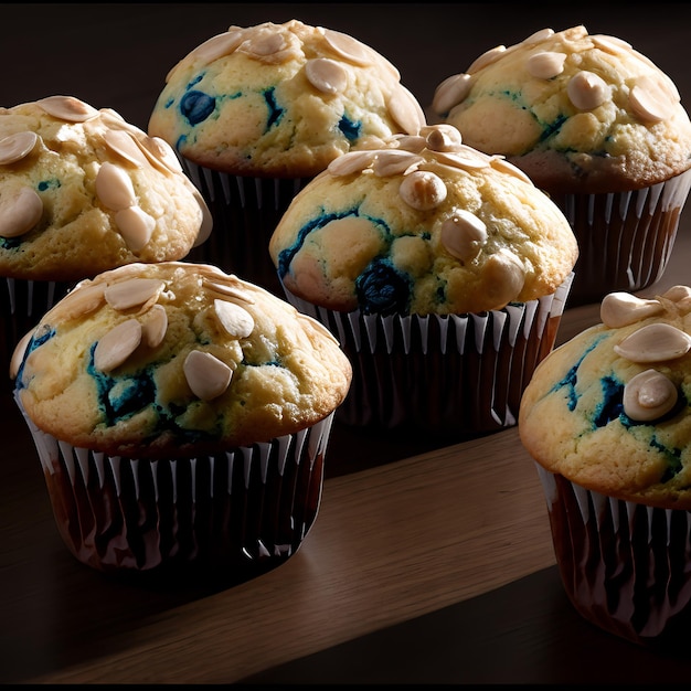 Un groupe de muffins aux myrtilles sont sur une table