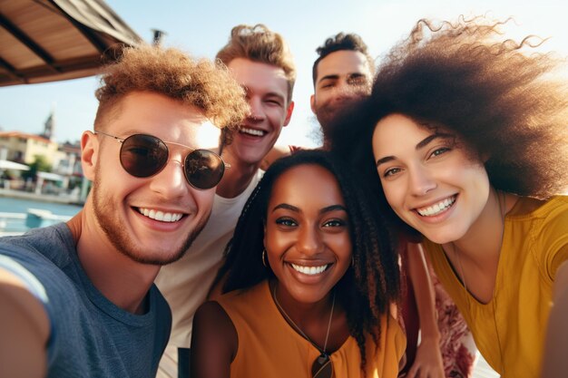 Groupe multiculturel de jeunes souriant ensemble à la caméra