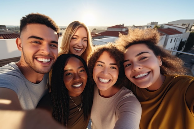 Groupe multiculturel de jeunes souriant ensemble à la caméra