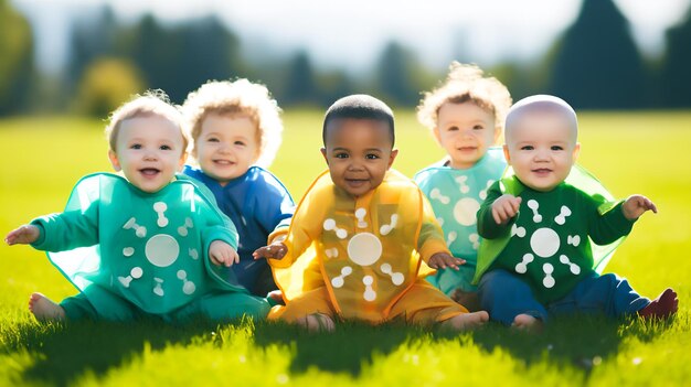 un groupe multiculturel joyeux de nourrissons portant des combinaisons colorées assis en cercle