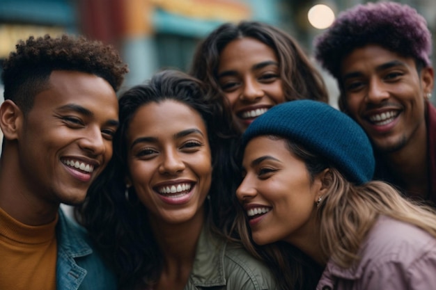 Un groupe multiethnique d'amis heureux dans la rue