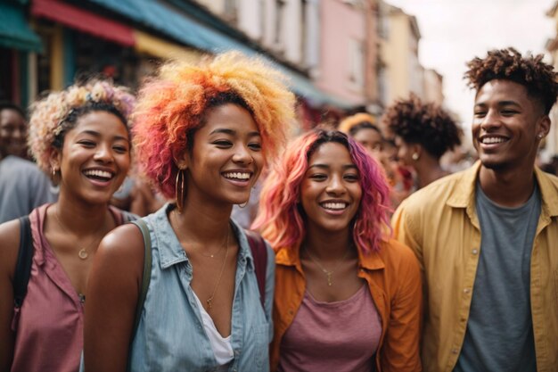 Un groupe multiethnique d'amis heureux dans la rue