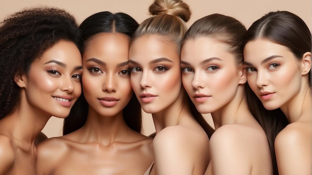 Photo groupe multiethnique de femmes avec différents types de peau ensemble sur un fond beige