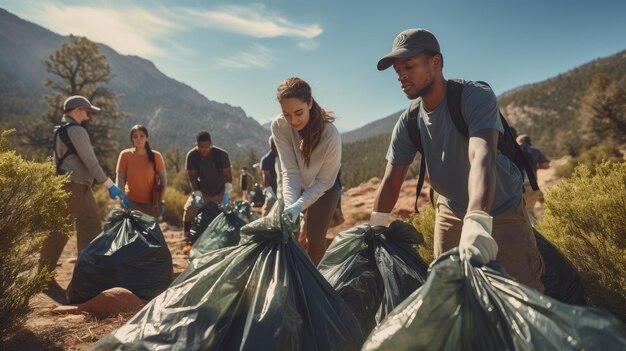 Photo un groupe multiethnique de jeunes bénévoles en train de nettoyer les déchets d'un parc national