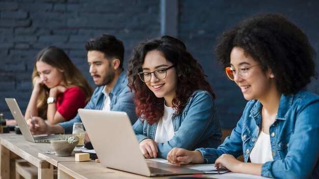 Un groupe multiethnique de jeunes étudiant avec un ordinateur portable