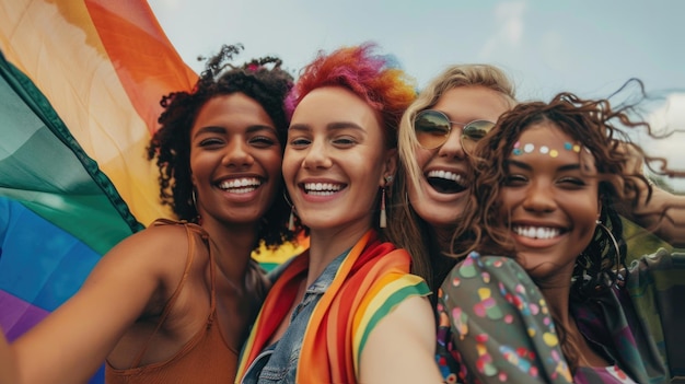 Un groupe multiethnique de jeunes filles célébrant le festival de la fierté gay concept de communauté LGBT