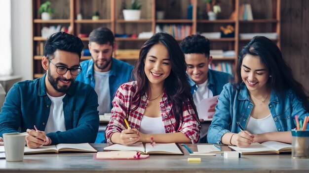 Un groupe multiethnique de jeunes qui étudient ensemble sur la route blanche