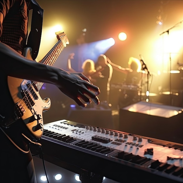 Groupe musical se produisant lors d'un concert avec des lumières bleues