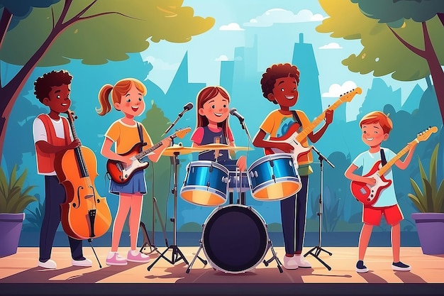 Photo un groupe de musique pour enfants joue sur scène lors d'un festival en plein air. illustration vectorielle