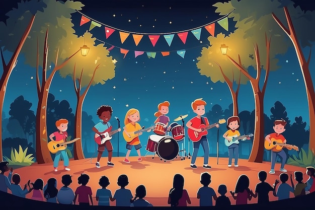 Un groupe de musique pour enfants joue sur scène lors d'un festival en plein air. Illustration vectorielle