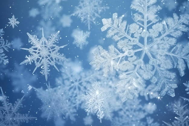 Groupe de Noël d'hiver flocon de neige gros plan fond bleu AI généré maquette de bannière d'en-tête avec