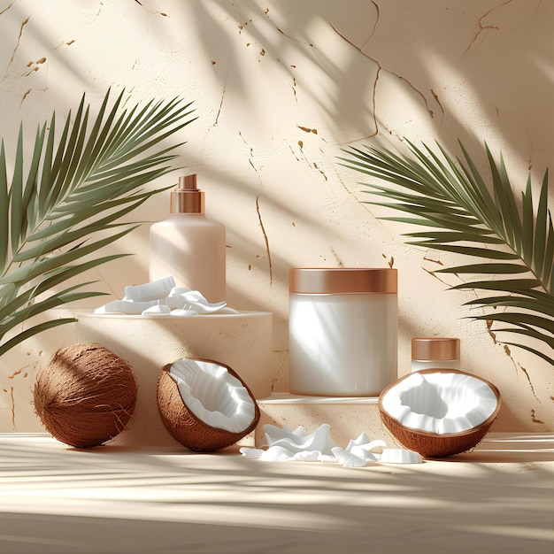 Un groupe de noix de coco et une bouteille de lotion sur une table avec un palmier en arrière-plan