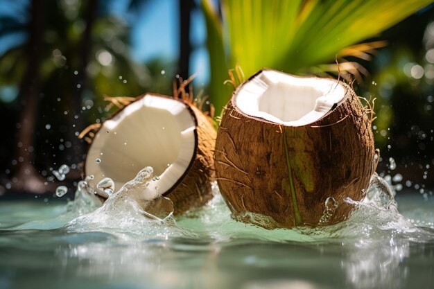 Un groupe de noix de coco sont dans l'eau avec une éclaboussure d'eau sur eux et un soleil brillant en arrière-plan