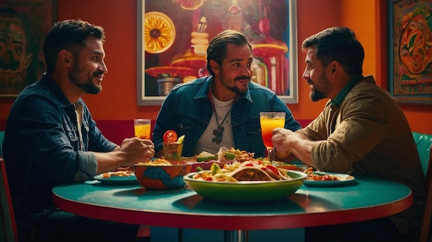Groupe de nourriture mexicaine à table mangeant un repas traditionnel