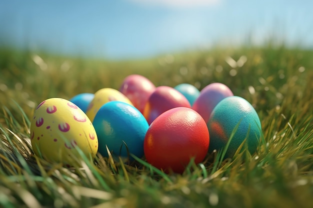 Un groupe d'oeufs de pâques colorés dans l'herbe