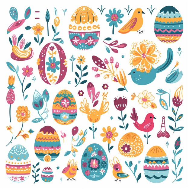 un groupe d'œufs de Pâques colorés avec des fleurs et des oiseaux génératifs ai