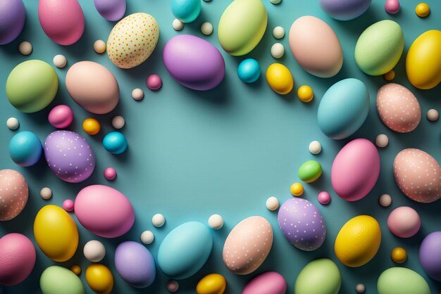 Un groupe d'oeufs de pâques colorés avec des fleurs sur la table