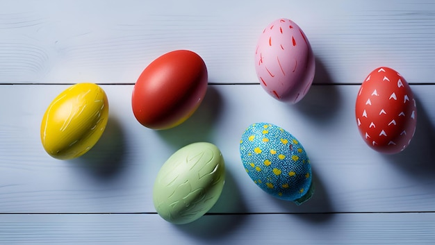 Un groupe d'oeufs de pâques colorés sur une table en bois