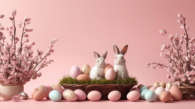 Un groupe d'œufs de Pâques et de lapins dans un panier