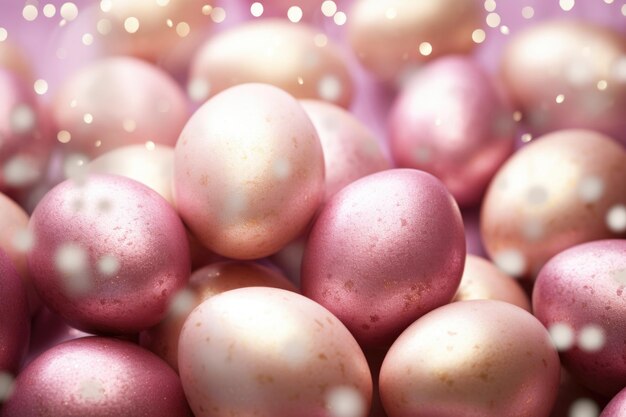 Un groupe d'œufs de Pâques rose pastel étincelants ornés de taches délicates