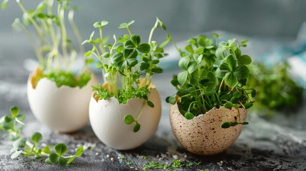 Groupe d'œufs avec des pousses qui ressemblent à des plantes d'intérieur dans des pots de fleurs