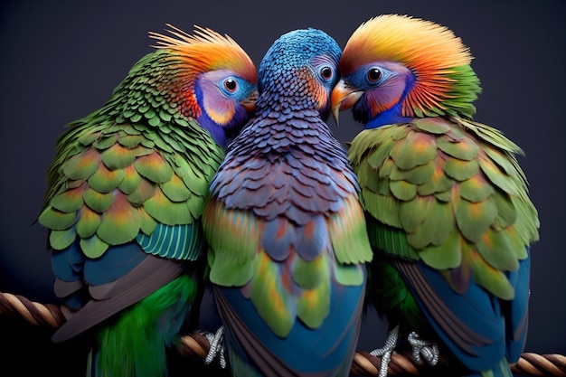 Un groupe d'oiseaux aux plumes vert vif, bleues et jaunes est assis sur une branche.