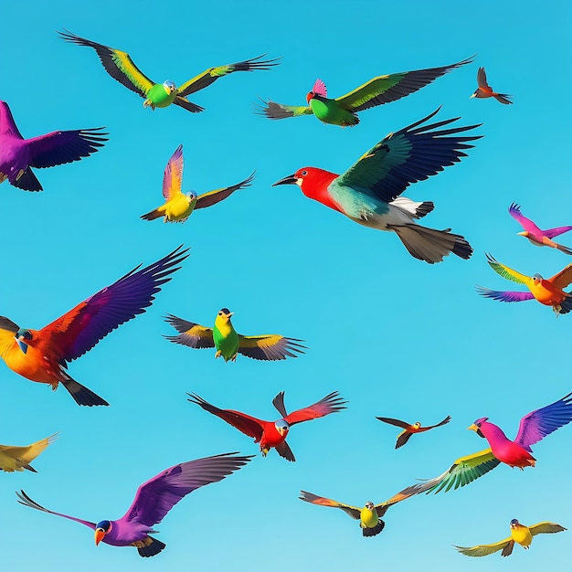 Un groupe d'oiseaux colorés volant ensemble dans le ciel