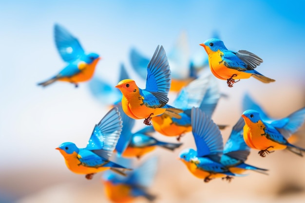 Un groupe d'oiseaux colorés volent en formation avec un volant