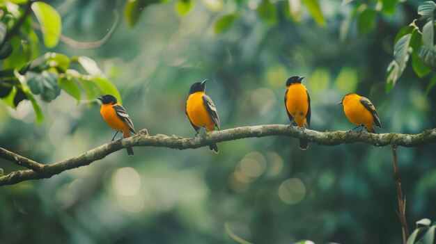 Un groupe d'oiseaux perchés sur une branche d'arbre