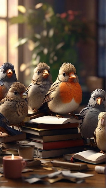 un groupe d'oiseaux sont au sommet d'une pile de livres