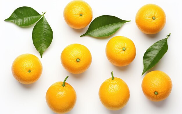 Groupe d'oranges avec des feuilles sur fond blanc