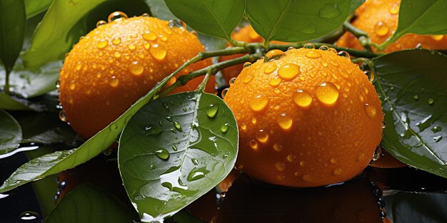 Un groupe d'oranges avec des gouttes d'eau sur eux et des feuilles vertes