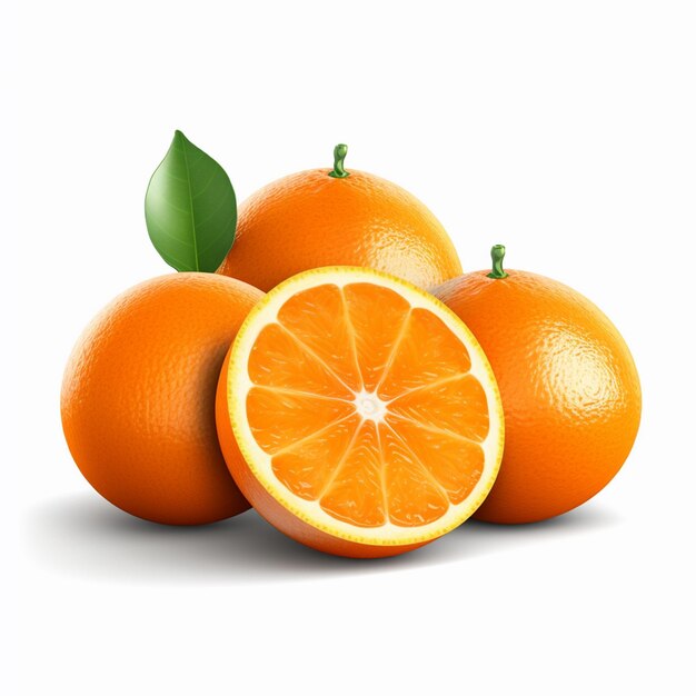 Un groupe d'oranges avec une moitié et une feuille verte sur le fond.