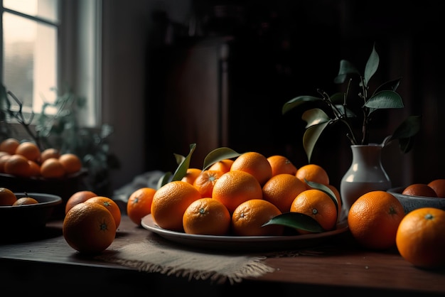 Groupe d'oranges sur table en bois