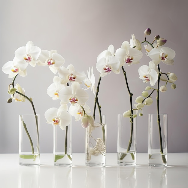 Un groupe d'orchidées blanches sont sur une table.