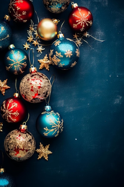 Groupe d'ornements de Noël sur surface bleue avec des étoiles dorées IA générative
