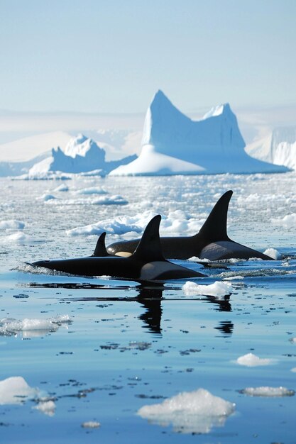 Photo un groupe d'orques nageant au milieu des icebergs de l'arctique