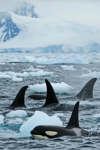 un groupe d'orques nageant au milieu des icebergs de l'Arctique