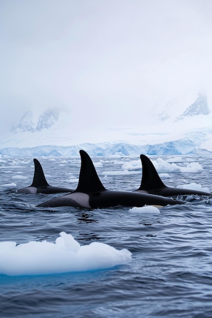 Photo un groupe d'orques nageant au milieu des icebergs de l'arctique