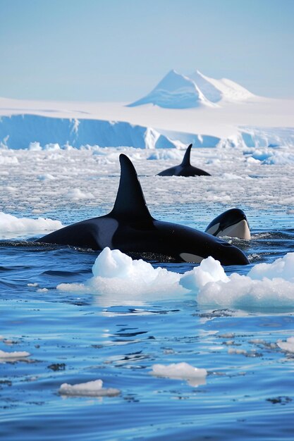 un groupe d'orques nageant au milieu des icebergs de l'Arctique