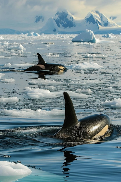 un groupe d'orques nageant au milieu des icebergs de l'Arctique